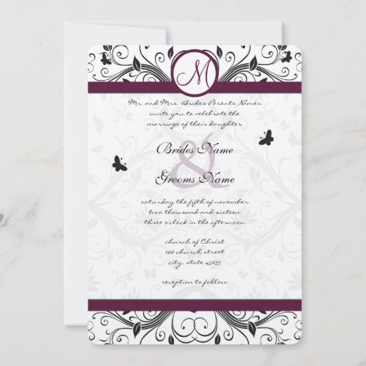 Black Damask Butterfly Swirls Plum Wedding Invites Kaart (Achterkant)