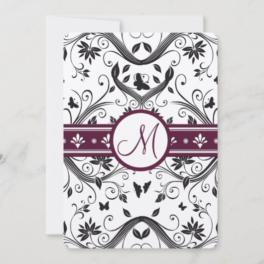 Black Damask Butterfly Swirls Plum Wedding Invites Kaart (Voorkant)
