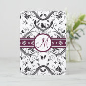 Black Damask Butterfly Swirls Plum Wedding Invites Kaart (Staand voorkant)