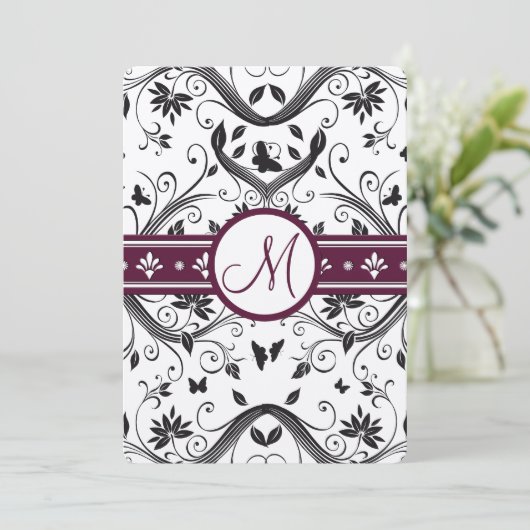 Black Damask Butterfly Swirls Plum Wedding Invites Kaart (Staand voorkant)