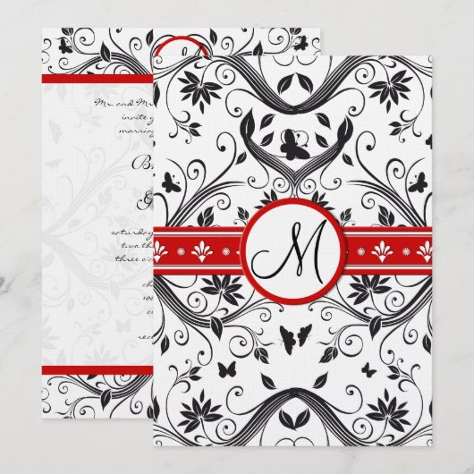 Black Damask Butterfly zwemt Red Wedding Invites Kaart (Voorkant / Achterkant)