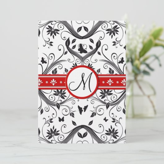 Black Damask Butterfly zwemt Red Wedding Invites Kaart (Staand voorkant)