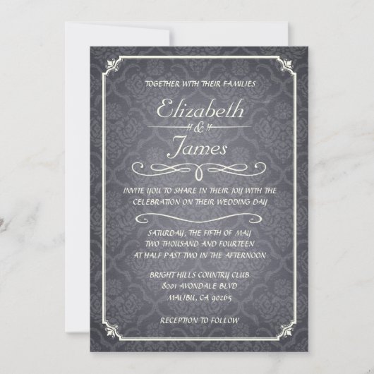 Black Damask  Chalkboard Wedding Invitation Kaart (Voorkant)