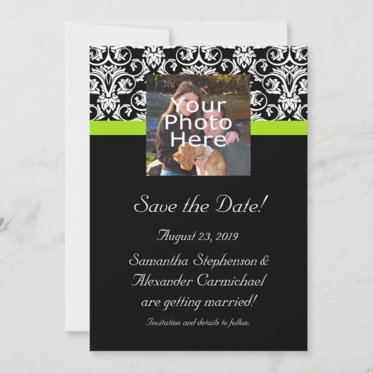 Black Damask Chartreuse Green Photo Save the Date Kaart (Voorkant)