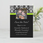 Black Damask Chartreuse Green Photo Save the Date Kaart (Staand voorkant)