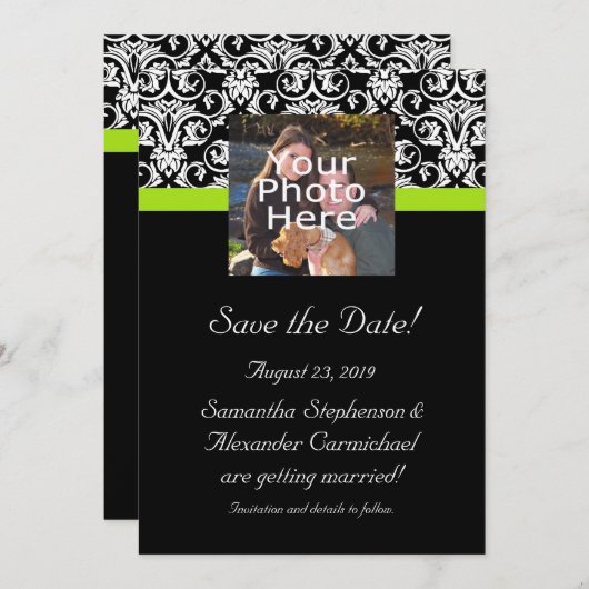 Black Damask Chartreuse Green Photo Save the Date Kaart (Voorkant / Achterkant)