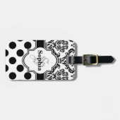Black Damask Cute Polka Dots Bagagelabel (Voorkant horizontaal)