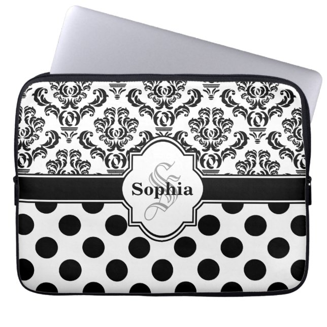 Black  Damask Cute Polka Dots Laptop Sleeve (Voorkant)