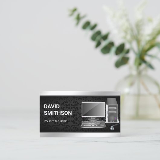 Black Damask Desktop PC Computer Repair Technician Visitekaartje (Staand voorkant)