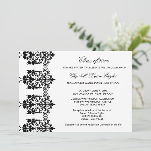 Black Damask Edge Wit Afstuderen Aankondiging (Staand voorkant)