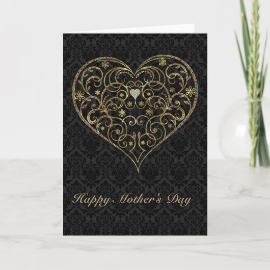 Black Damask en Gold Floral Heart-Moederdag Kaart (Voorkant)