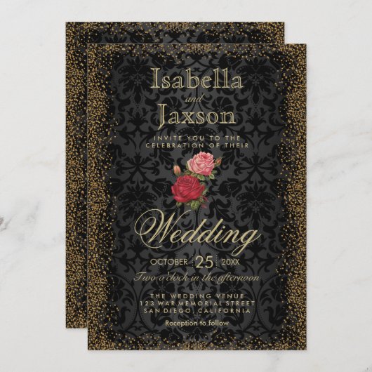 Black Damask en Rozen uitnodiging (Voorkant / Achterkant)