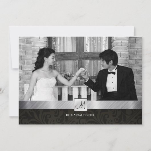 Black Damask en Silver Modern Rehearsal Dinner Kaart (Voorkant)