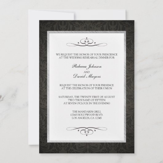 Black Damask en Silver Modern Rehearsal Dinner Kaart (Achterkant)