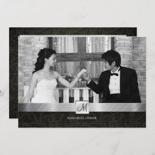 Black Damask en Silver Modern Rehearsal Dinner Kaart (Voorkant / Achterkant)