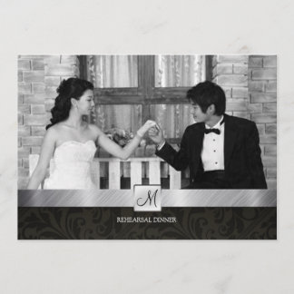 Black Damask en Silver Modern Rehearsal Dinner Kaart
