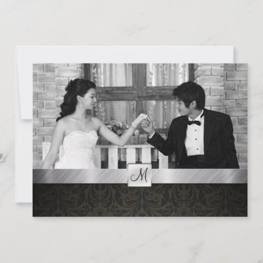 Black Damask en Silver Modern Wedding Invites Kaart (Voorkant)