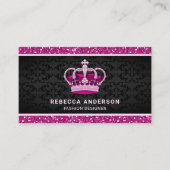 Black Damask Faux Hot Pink Glitter Royal Crown Visitekaartje (Voorkant)