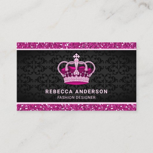 Black Damask Faux Hot Pink Glitter Royal Crown Visitekaartje (Voorkant)