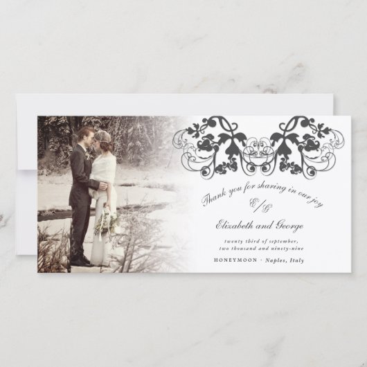 Black  Damask Floral Flourish Photo Wedding Bedankkaart (Voorkant)