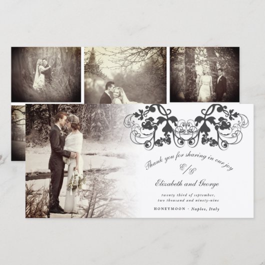 Black  Damask Floral Flourish Photo Wedding Bedankkaart (Voorkant / Achterkant)