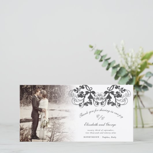 Black Damask Floral Flourish Photo Wedding Bedankkaart (Staand voorkant)