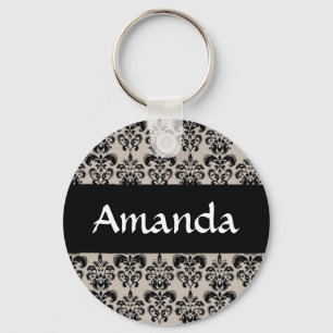 Black Damask Floral Personal Name Sleutelhanger