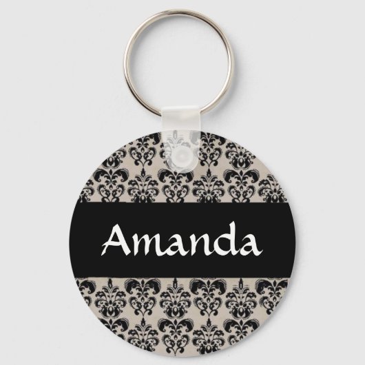 Black Damask Floral Personal Name Sleutelhanger (Voorkant)