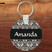 Black Damask Floral Personal Name Sleutelhanger (Voorkant)