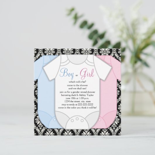 Black Damask Gender Reveal Kaart (Staand voorkant)