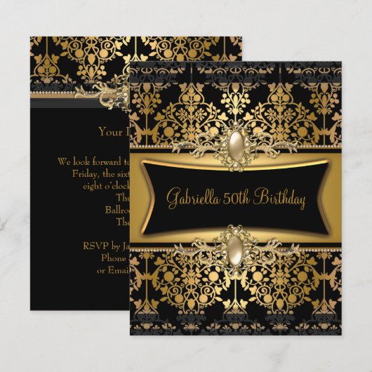 Black Damask Gold 50th Birthday Party Pearl Kaart (Voorkant / Achterkant)