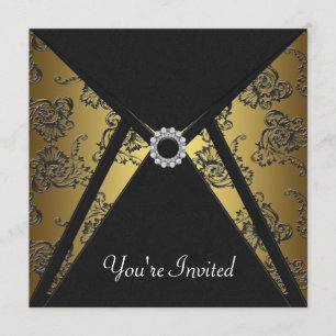 Black Damask Gold All Occasion Party Invitation Kaart