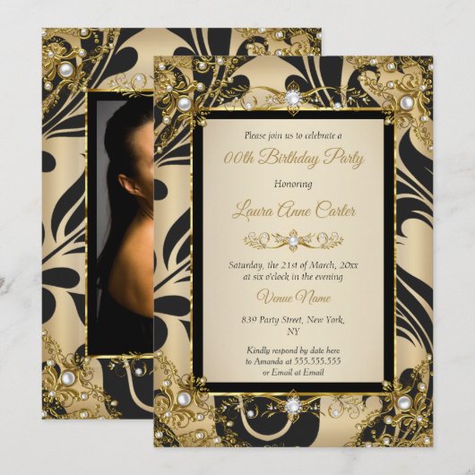 Black Damask Gold Beige Photo Birthday Party Kaart (Voorkant / Achterkant)