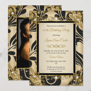 Black Damask Gold Beige Photo Birthday Party Kaart