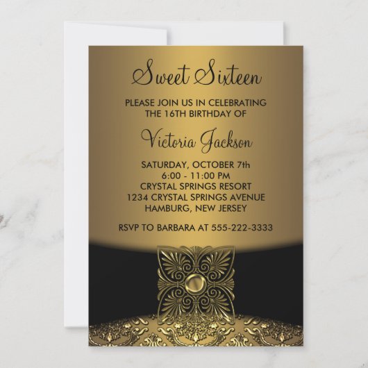 Black Damask Gold Classy Sweet Sixteen Party Kaart (Voorkant)