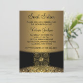Black Damask Gold Classy Sweet Sixteen Party Kaart (Staand voorkant)
