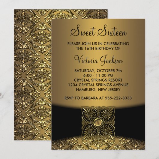 Black Damask Gold Classy Sweet Sixteen Party Kaart (Voorkant / Achterkant)