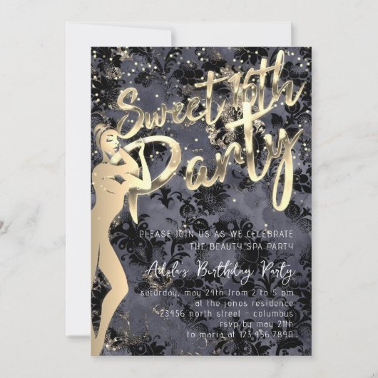 Black Damask Gold Confetti Sweet 16th Party Kaart (Voorkant)
