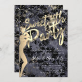 Black Damask Gold Confetti Sweet 16th Party Kaart (Voorkant / Achterkant)