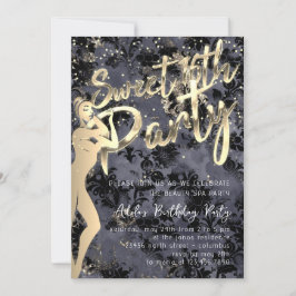 Black Damask Gold Confetti Sweet 16th Party Kaart