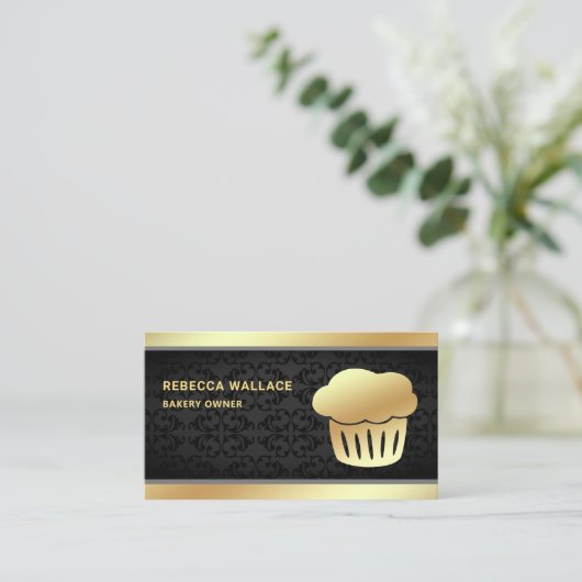 Black Damask Gold Foil Homemade Cupcake Bakkerij Visitekaartje (Staand voorkant)