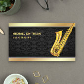 Black Damask Gold Foil Saxofoon Muziekdocent Visitekaartje