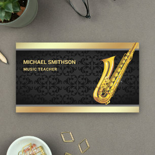 Black Damask Gold Foil Saxofoon Muziekdocent Visitekaartje
