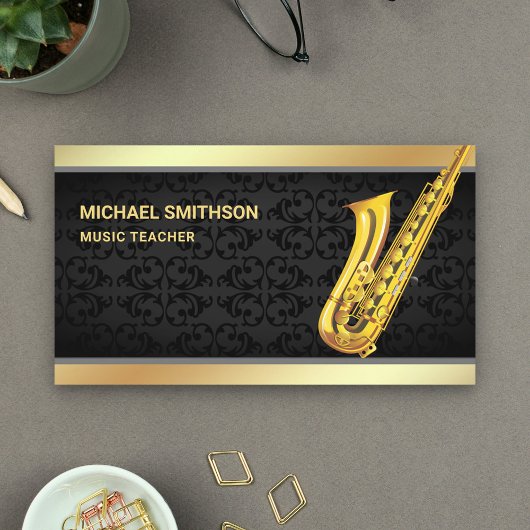 Black Damask Gold Foil Saxofoon Muziekdocent Visitekaartje