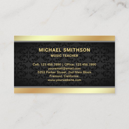 Black Damask Gold Foil Saxofoon Muziekdocent Visitekaartje (Achterkant)