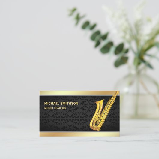 Black Damask Gold Foil Saxofoon Muziekdocent Visitekaartje (Staand voorkant)