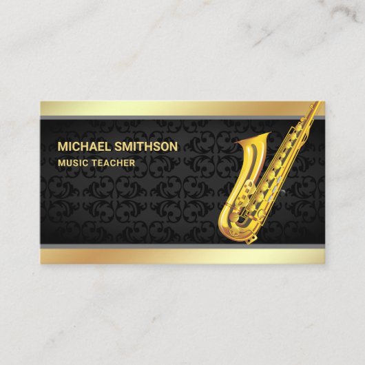 Black Damask Gold Foil Saxofoon Muziekdocent Visitekaartje (Voorkant)