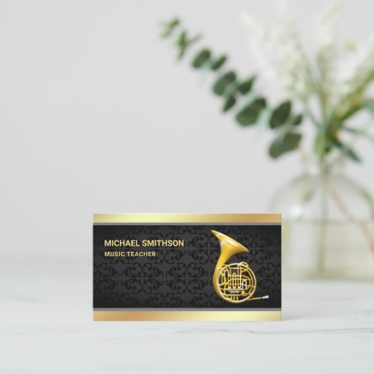 Black Damask Gold Folie Franse Hoorn Muziek Leraar Visitekaartje (Staand voorkant)