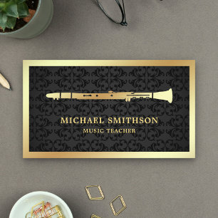 Black Damask Gold Folie Klarinet Muziekdocent Visitekaartje