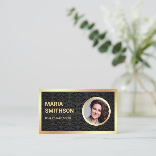 Black Damask Gold Fotobehang Makelaar Visitekaartje (Staand voorkant)